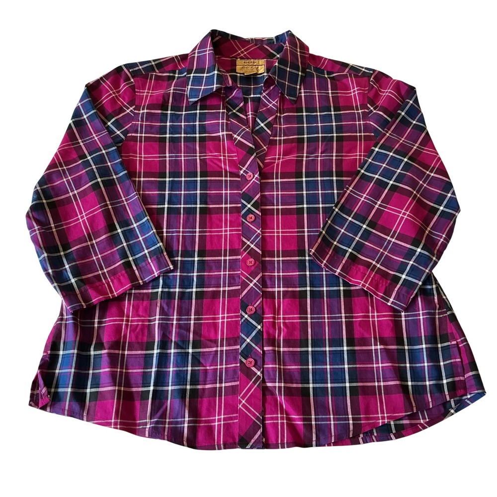 Investments Gold Label Womens 14P Plaid Button Up Shirt Non-Iron 3/4 Sleeve Pink